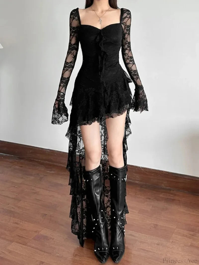 Antique Transparent Bodice Midi Dress Black / S