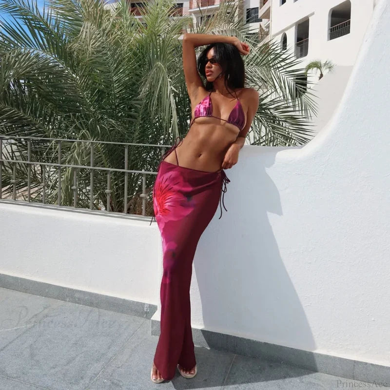 Blue Floral Bikini Three Piece Swimsuit Pink / S