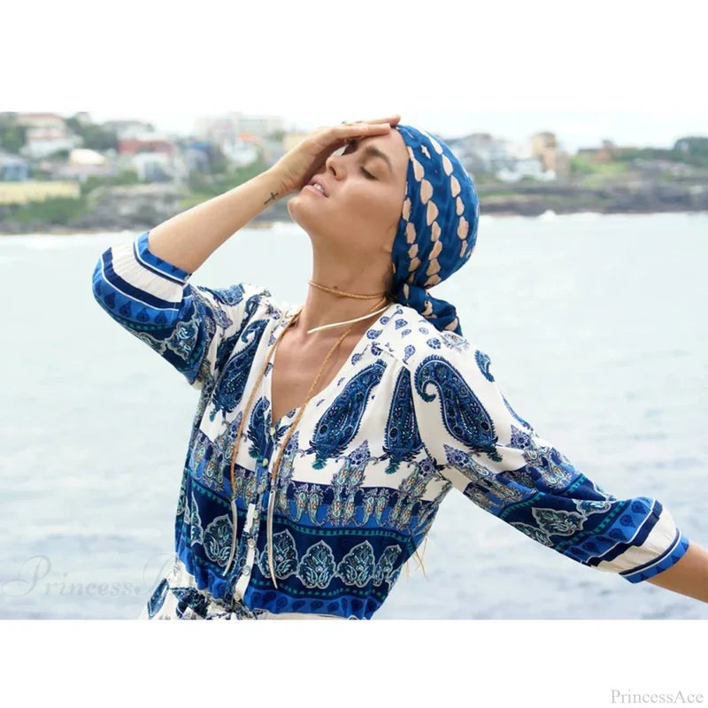 Boho Blue Floral Print V-neck Drawstring Waist Summer Dress bohodress-250126