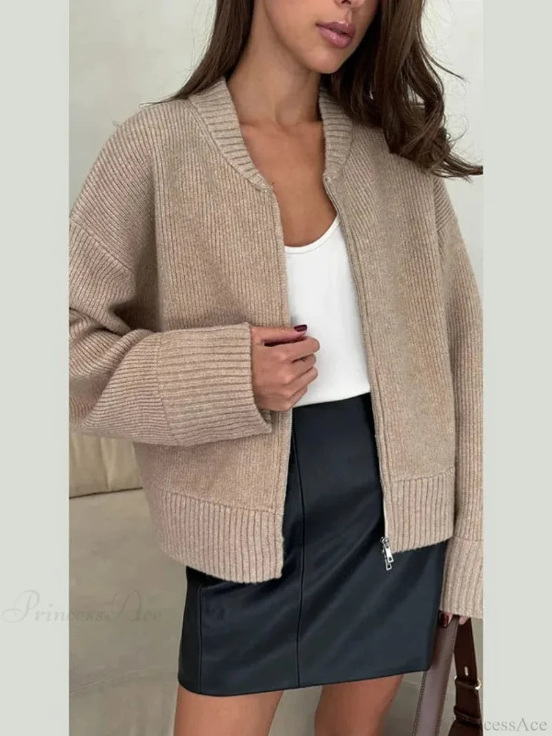 Casual Solid Slim Zipper Cardigan Khaki / S