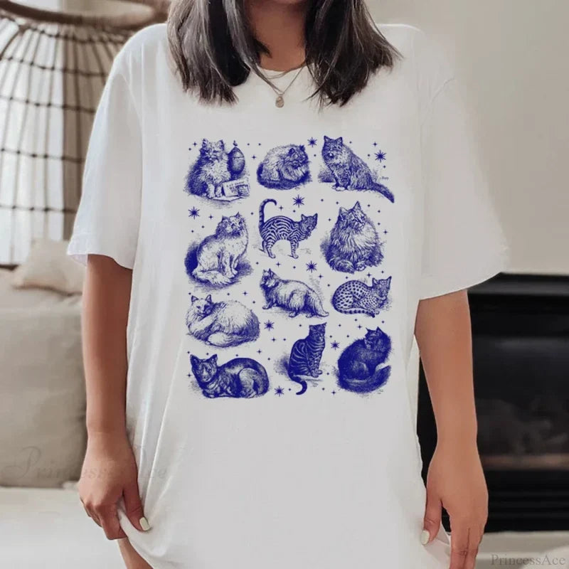 Cat Star Print Mystic T-shirt WHITE / S t-shirt-250223