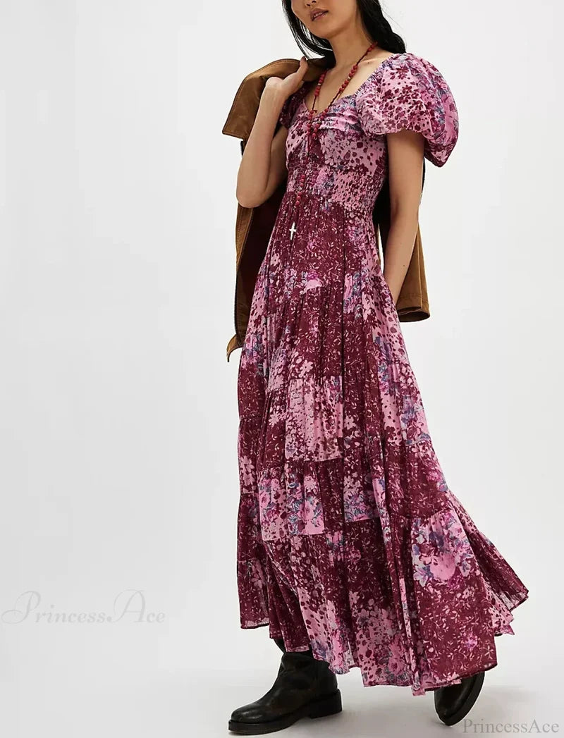 Chiffon Maxi Dress Floral Print Puff Sleeve CORAL RED / S bohodress-250126