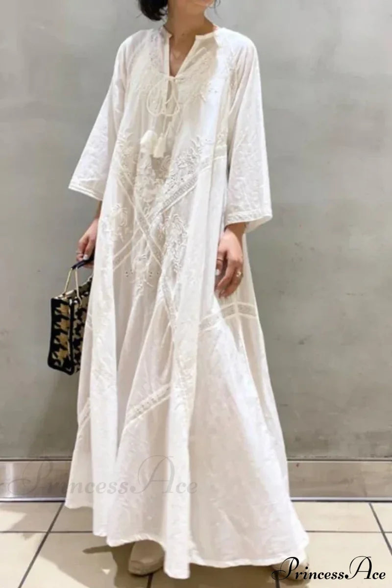 Cotton Linen Beach White V Neck Embroidered Boho Dress / One Size