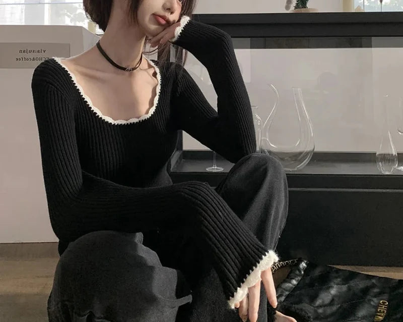 Cute O Neck Long Sleeve Slim Fit Knitted Crop Top knittop-250126