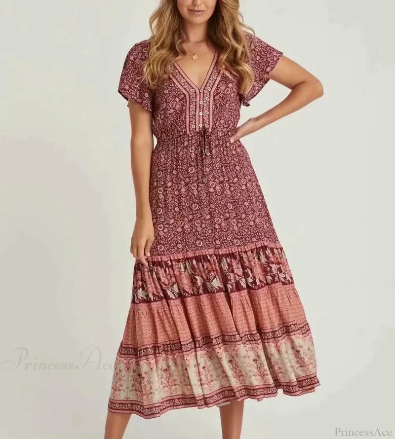 Drawstring Waist Midi Dress Vintage Floral Cotton Casual Summer Dress Red / S bohodress-250126