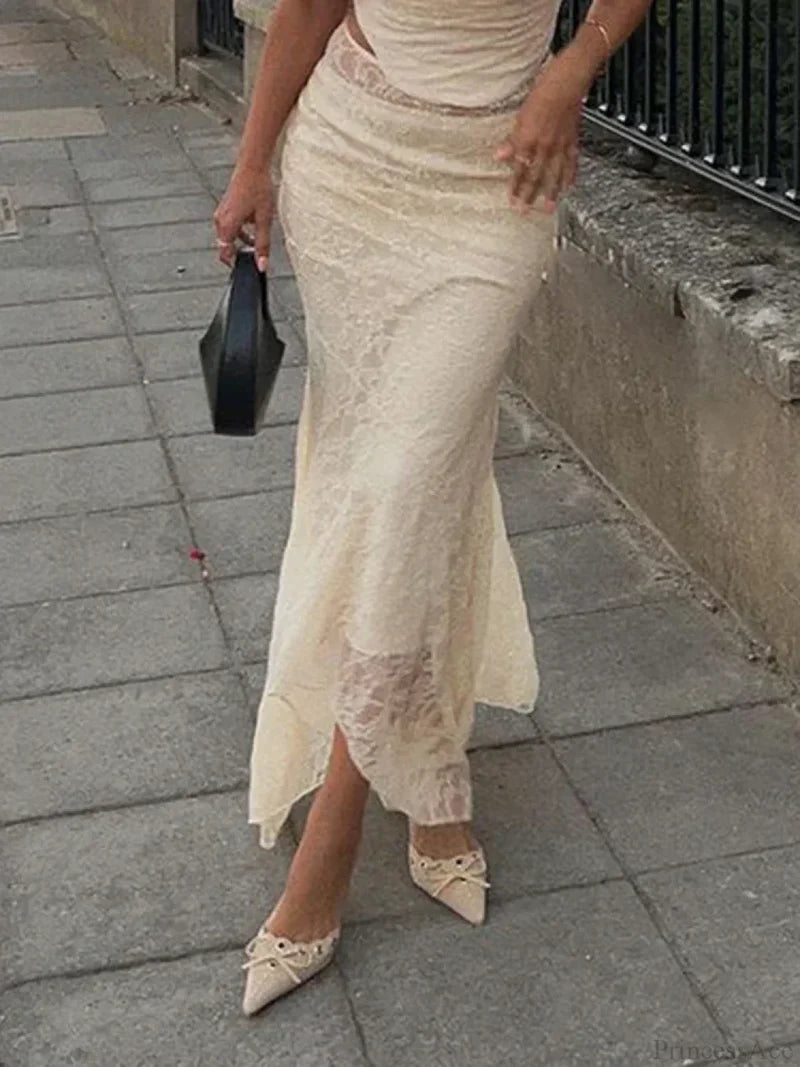Elegant Lace Trumpet Skirt Holiday See Through Maxi Skirt skirt-250126
