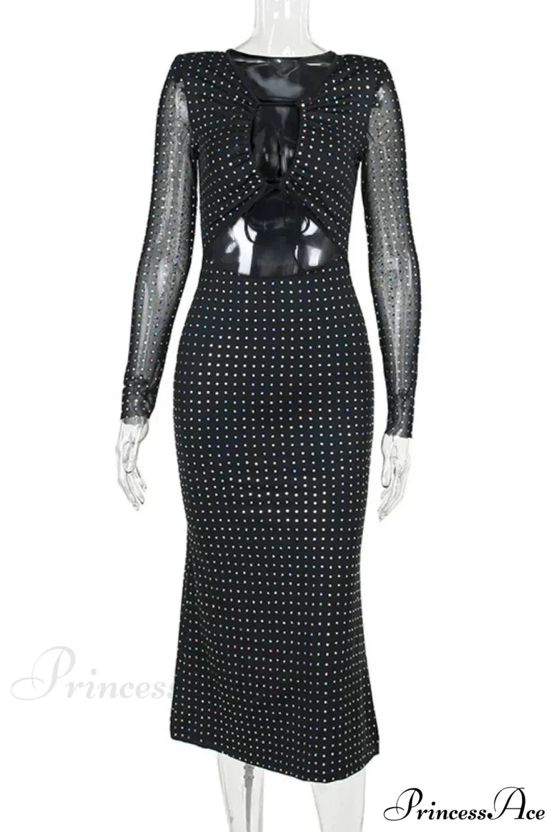 Elegant Sequin Sparkle Hollow Out Sexy Boho Dress Black / S