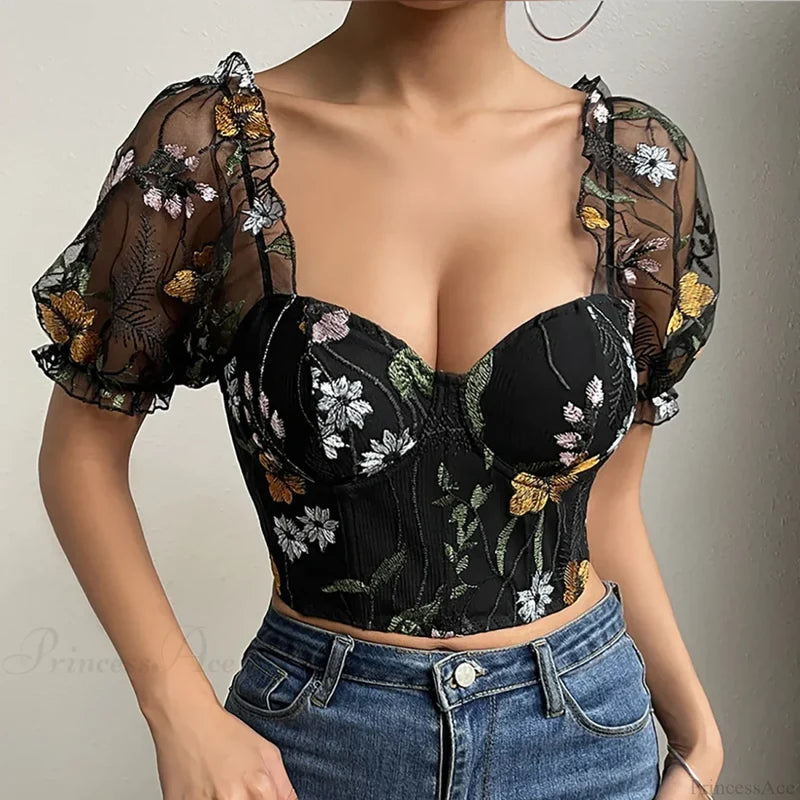 Embroidery Mesh Puff Sleeve Fishbone Corset Top Black / XS croptop-250126