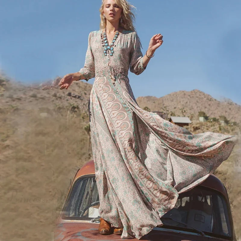 Floral Print Chiffon Boho Dress bohodress-250126