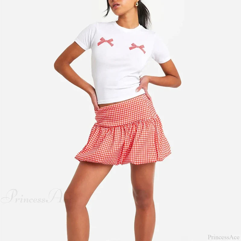 Gingham Bubble Plaid Style Skirt Red / S skirts-250223