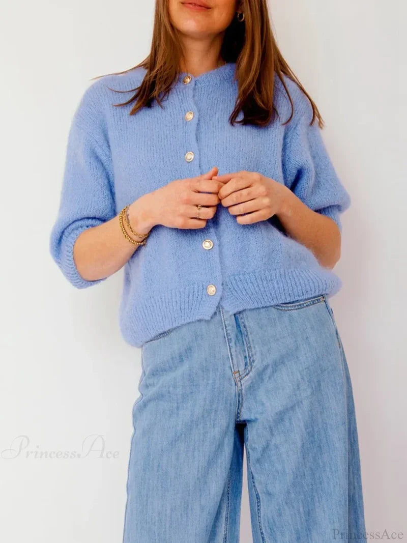 Half Sleeve O Neck Button-Up Knit Cardigan blue / S