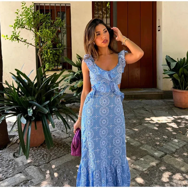 Hollow Out Embroidery Backless Ruffle Maxi Dress Blue / S floraldress-250126