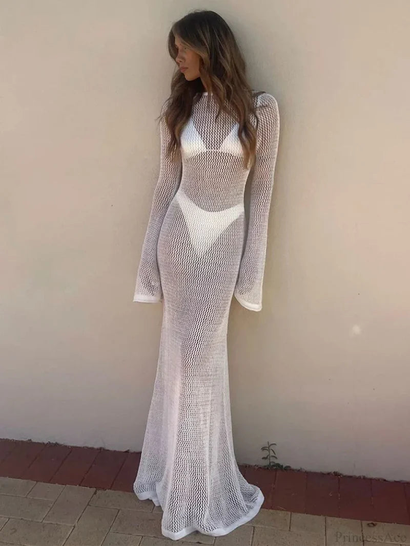 Hollow Out Long Sleeve Bikini Cover Up WHITE / S