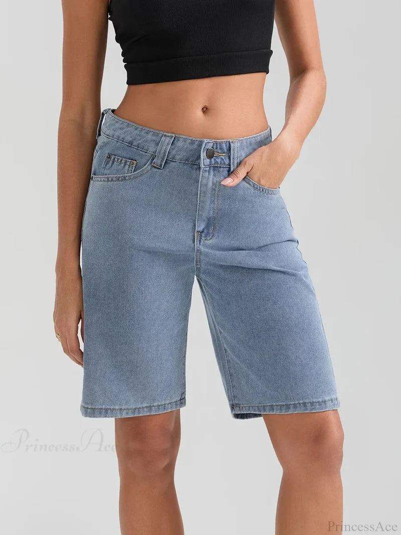 Knee-Length Button Denim Short Light Blue / S short-250223