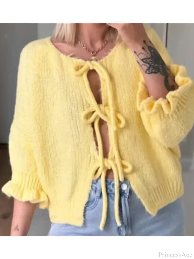 Lace-Up Petal Sleeve Thick Knit O-Neck Cardigan BB SW6295 / S cardiagn-250126