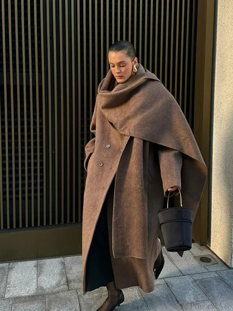 Long Scarf Wool Blends Coat Brown / S