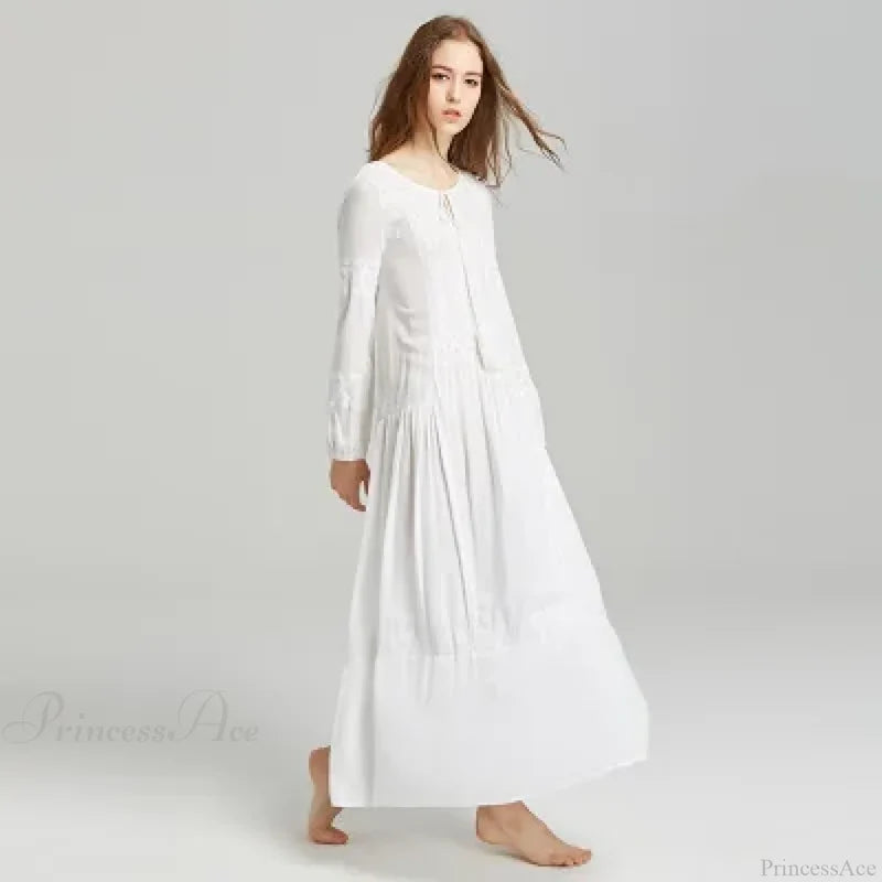 Long Sleeve Maxi Dress Red Floral Embroidery Tassel Boho Dress WHITE / S bohodress-250126