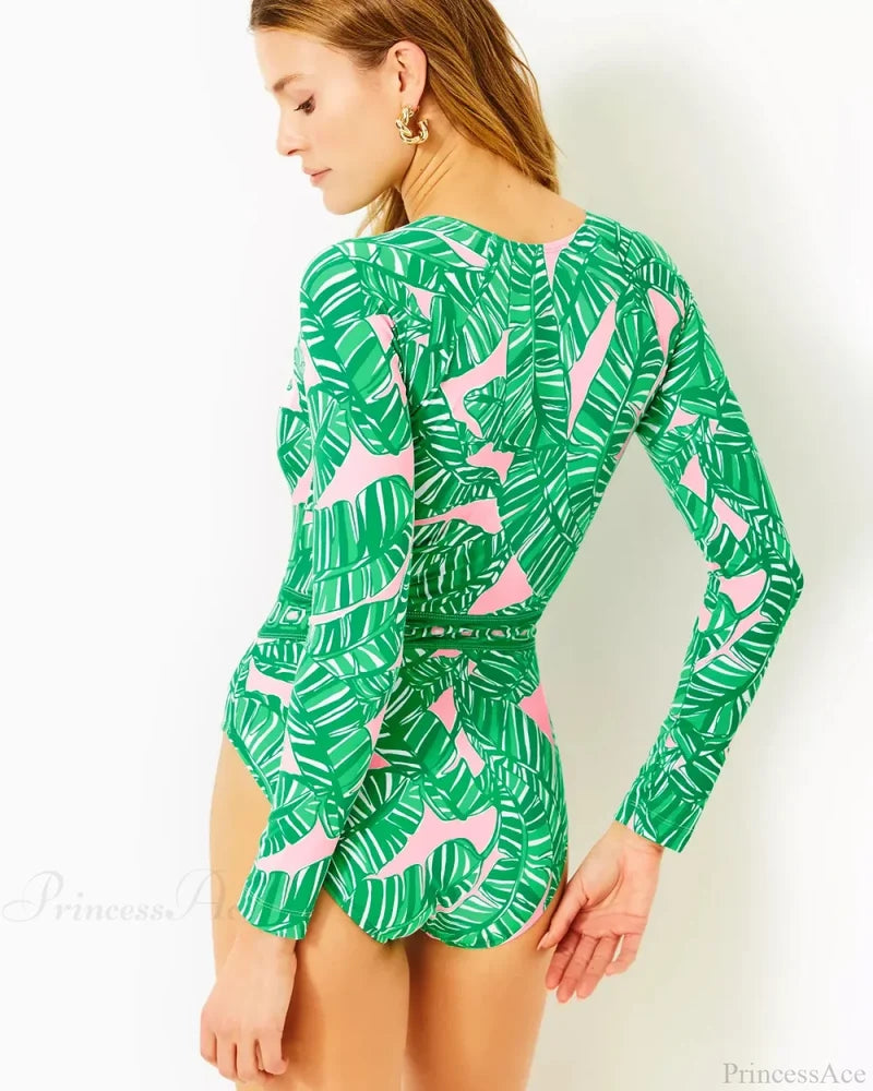 Long Sleeve Zip Blue One Piece Swimsuit onepiece-250223