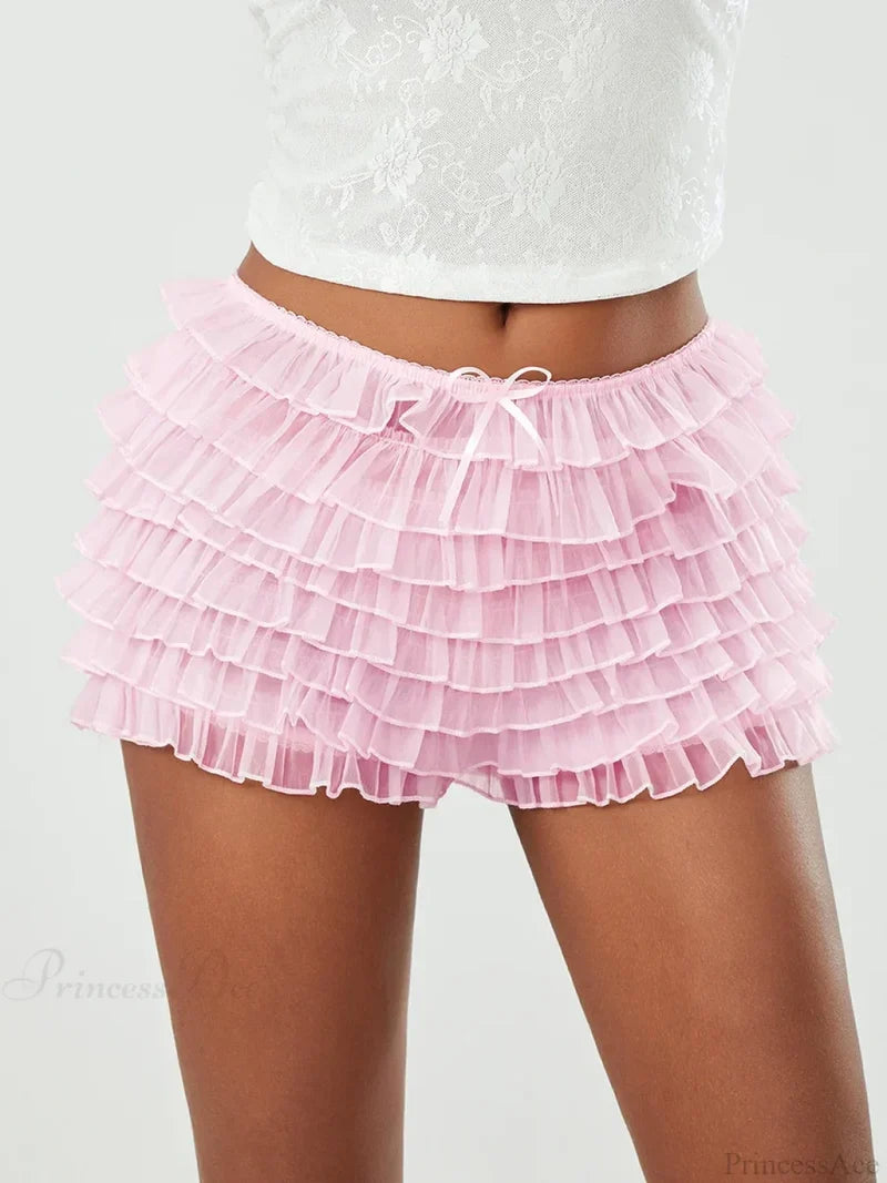 Mesh Bowknot Tiered Ruffle Short Pink / S short-250223