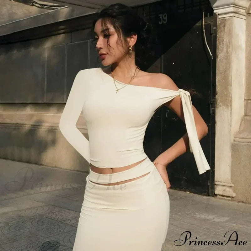 One Shoulder Long Charming Sleeve Tie Up Top Lace Tees