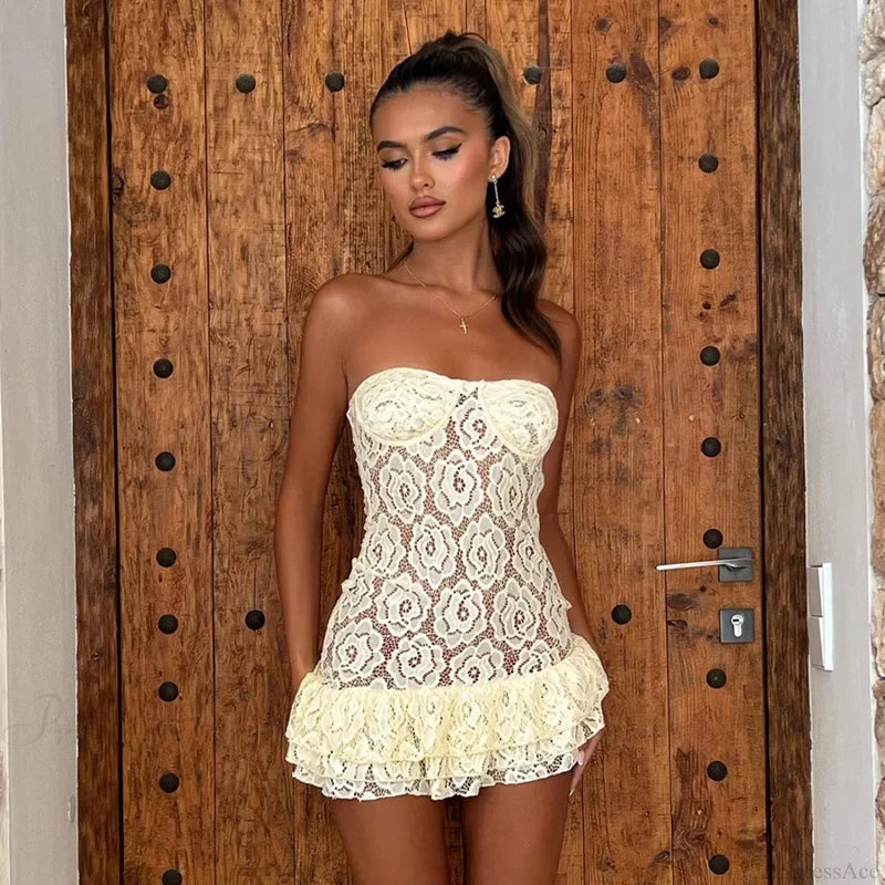 Perspective Lace Waist Wrap Vacation Dress Yellow / S vacationdress-250223