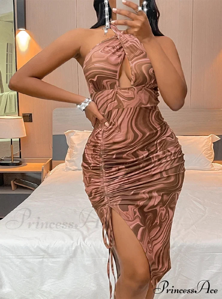 Printed Backless Halter Dress M / Fuchsia Dresses