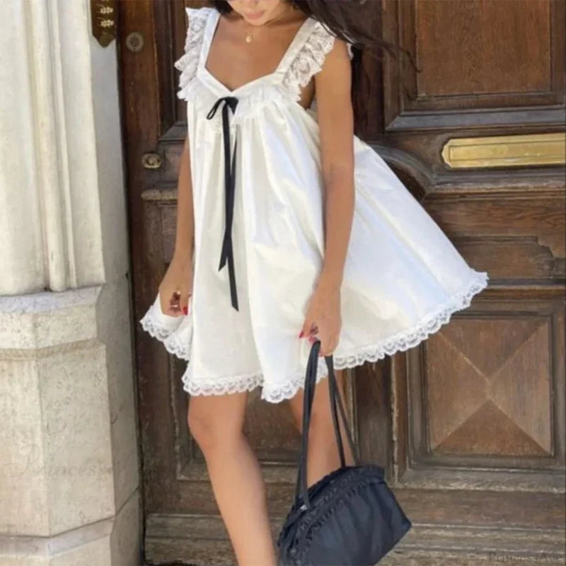 Ribbon Bow Babydoll Mini Dress minidress-250223