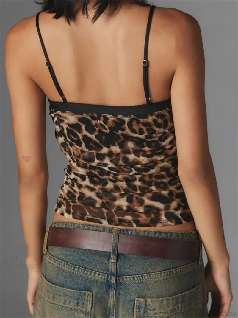 Ruched Floral Leopard Spaghetti Strap Crop Top croptop-250126
