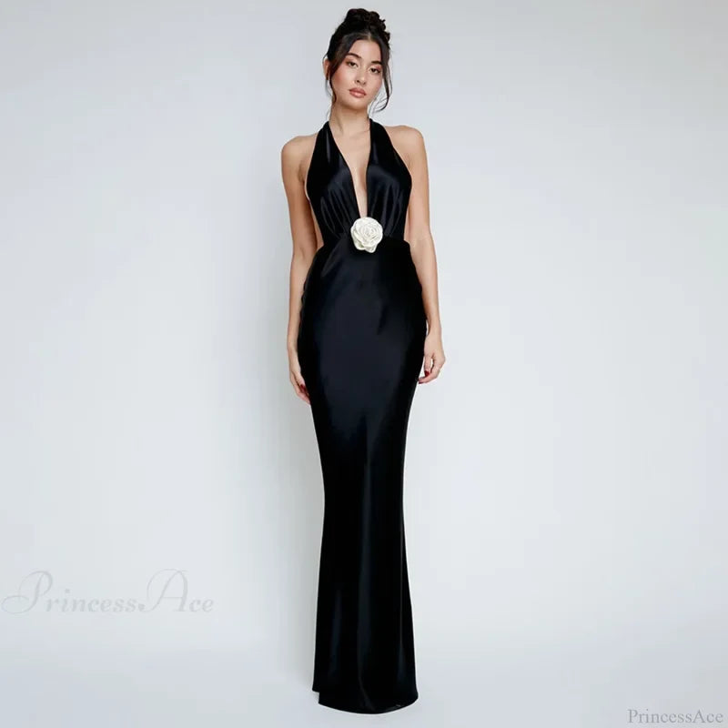 Satin Deep V Neck Vacation Dress Black / S vacationdress-250223