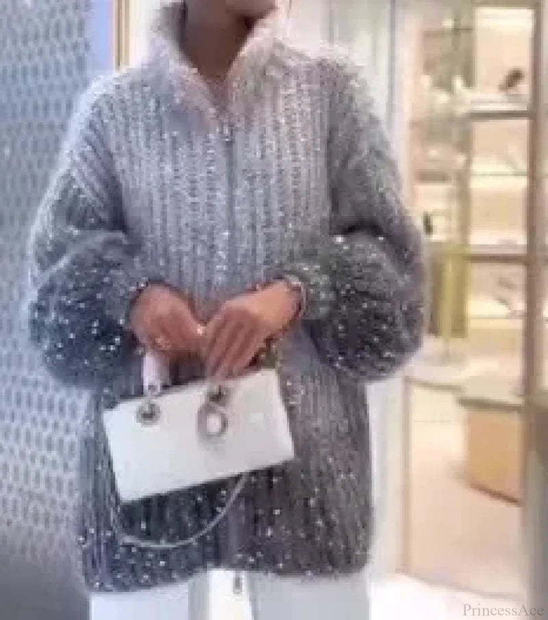 Sequin V-neck Sweater Cardigan Grey / S