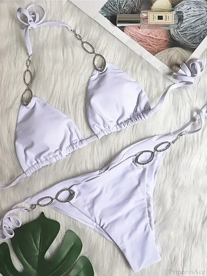 Sexy Halter Diamond Bikini Set white / S