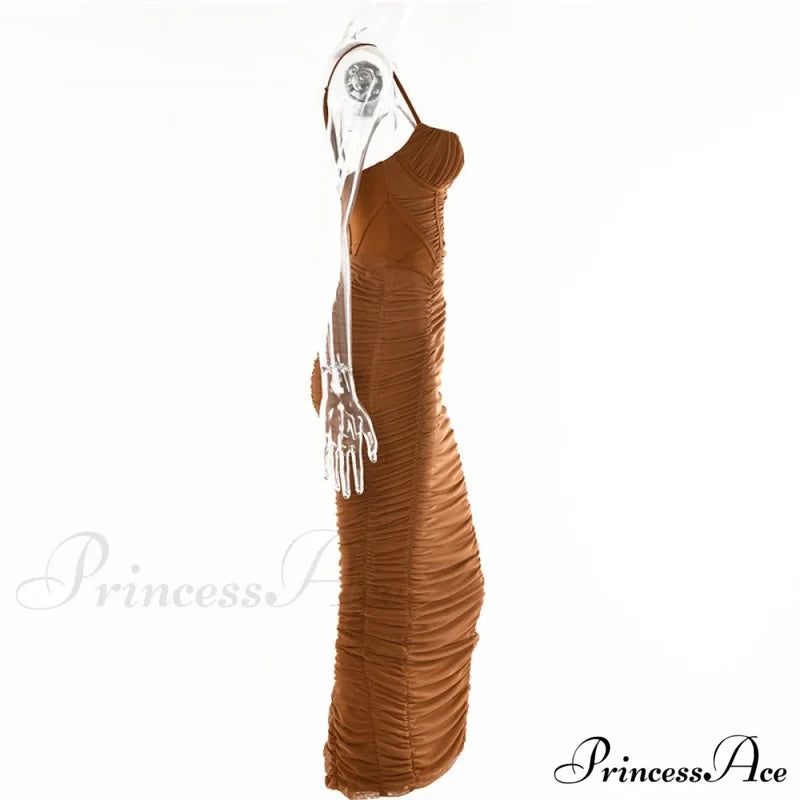 Sexy Warm-Season Strap Elegant Spaghetti Evening Woman Mesh Stretchy Party Gown Ruched Bodycon Long