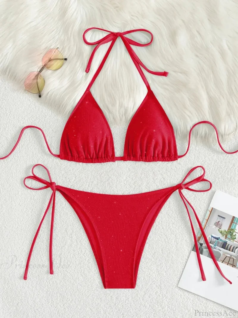 Shiny Sparkling Halter Strappy Bikini Set red / S