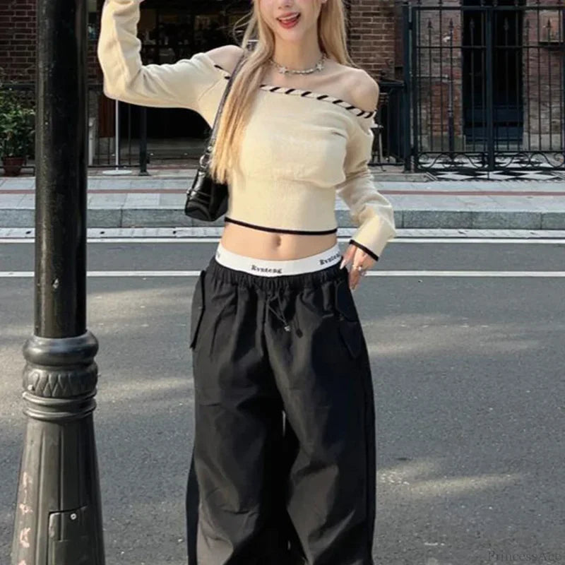 Slim Fit Korean Off-Shoulder Knitted Boat Neck Knit Top WHITE / One Size knittop-250126