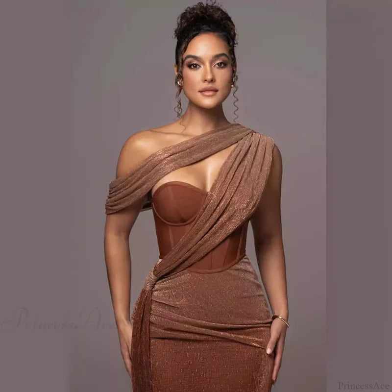 Solid Color Sleeveless Strapless Slit Prom Dress brown / S promdress-250223