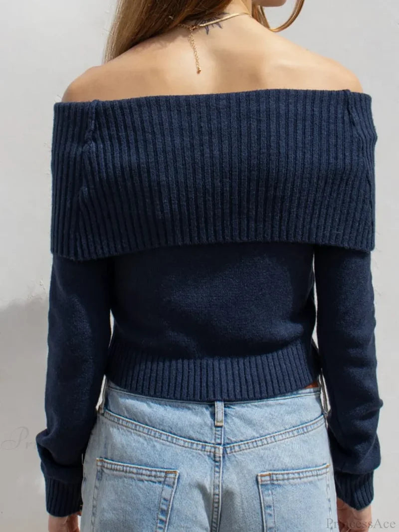 Solid Knitted Slash Neck Basic Long Sleeve Pullover Sweater knittop-250126