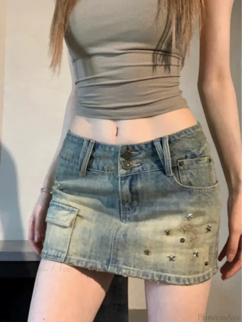 Star Rivet Pencil Denim Skirt Blue / S(40-45KG) skirts-250223