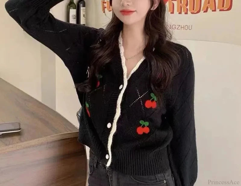 Sweet Cherry Button-Up Patchwork Knit Cardigan cardiagn-250126