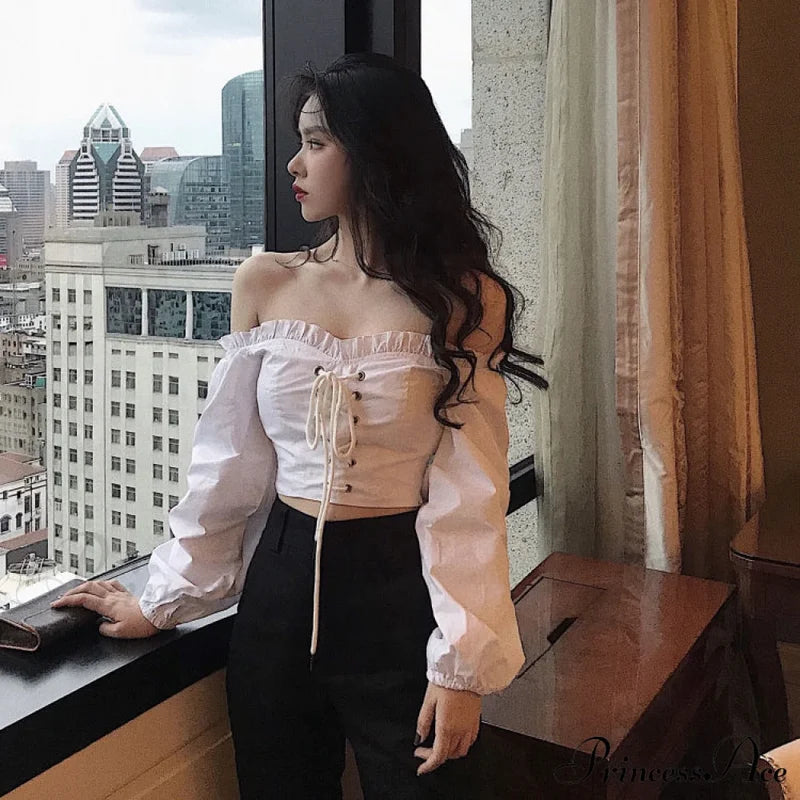 Top Sleeves Lace Ruffle Puff Tops Long Crop Vintage Arm Up Bandage Blouse Shoulder Ladies Black Off