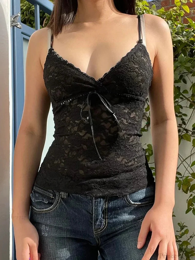Transparent Lace Camisole V Neck Cropped Top Black / S