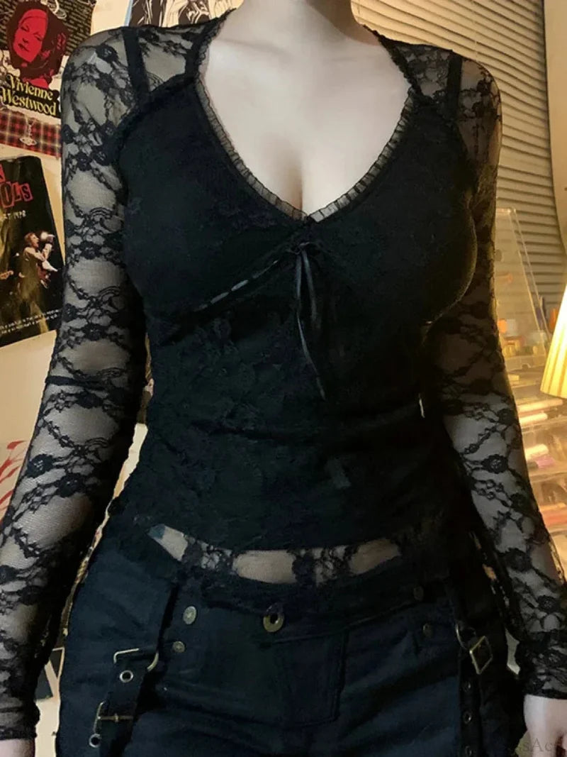Transparent Lace V-neck Knitted Top Black / S