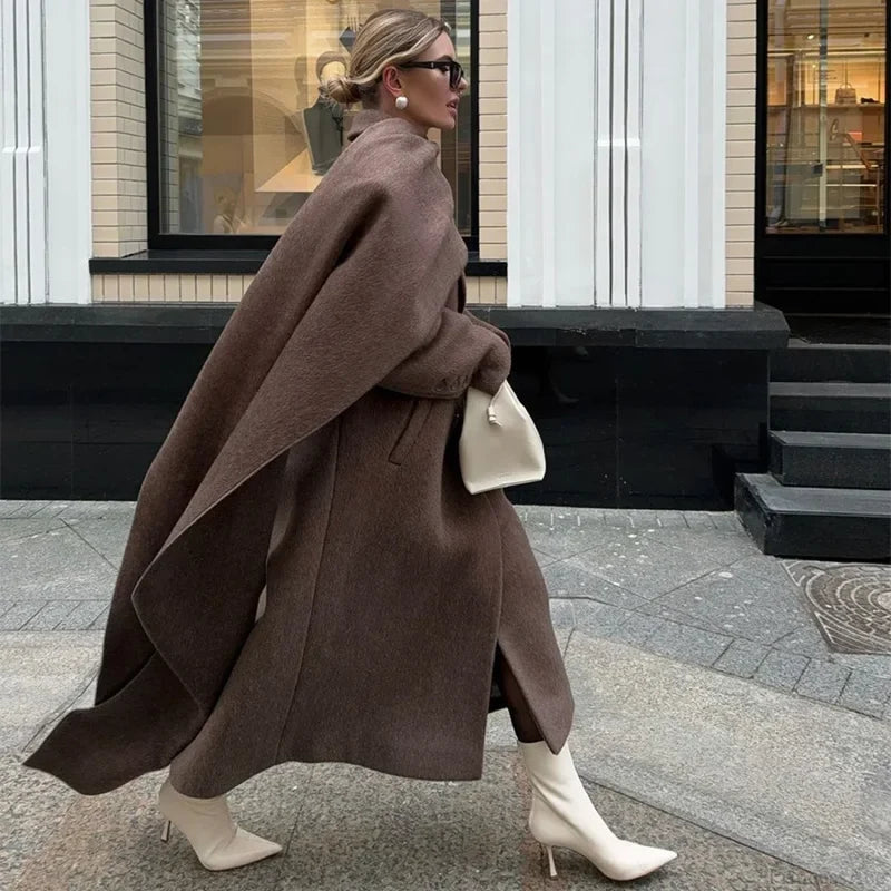 Turn-Down Collar Double-Breasted Overcoat Brown / S