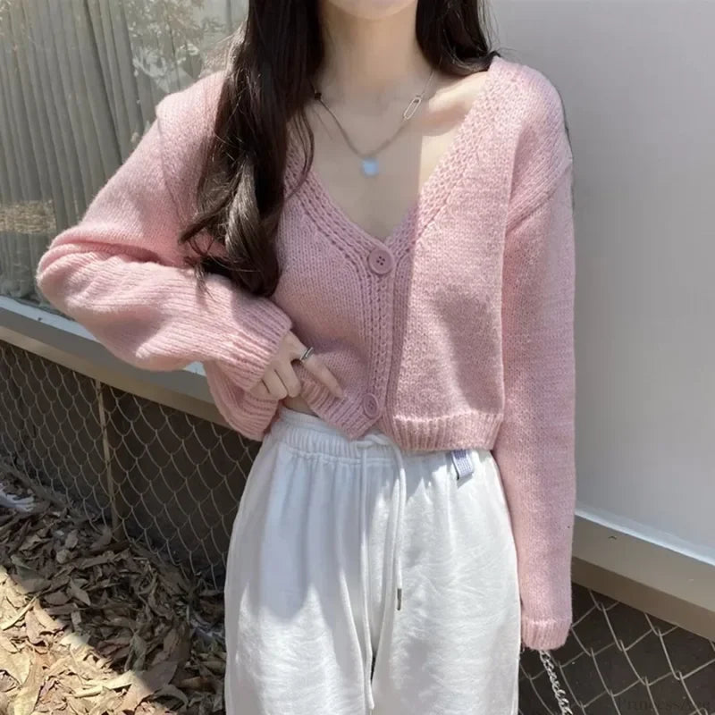 V-Neck Casual Fashion Long Sleeve Cardigan Pink / One Size cardiagn-250126