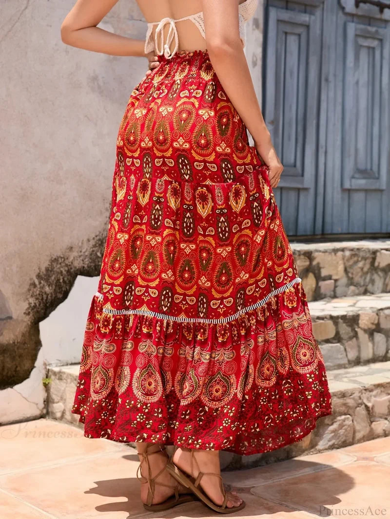 Vintage Floral Peacock Skirt High Elastic Beach Bohemian A-line