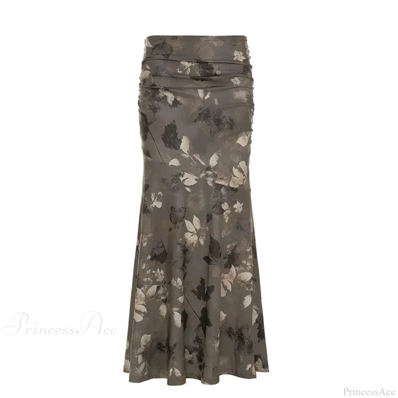 Vintage Floral Print Maxi Skirt Grunge Style 2000s skirt-250126