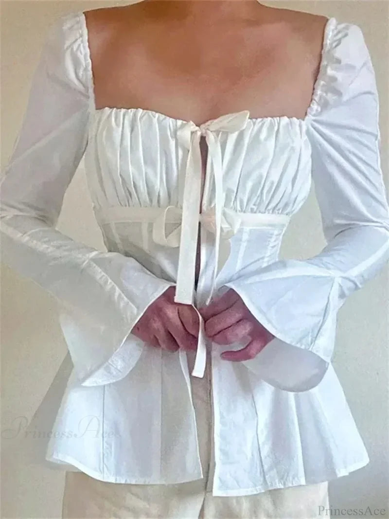 Vintage Puff Sleeve Tie-up Square Neck Blouse blouse-250126