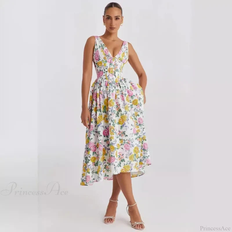 Waist Wrap Print A-line Vacation Dress pinkyellow / S vacationdress-250223
