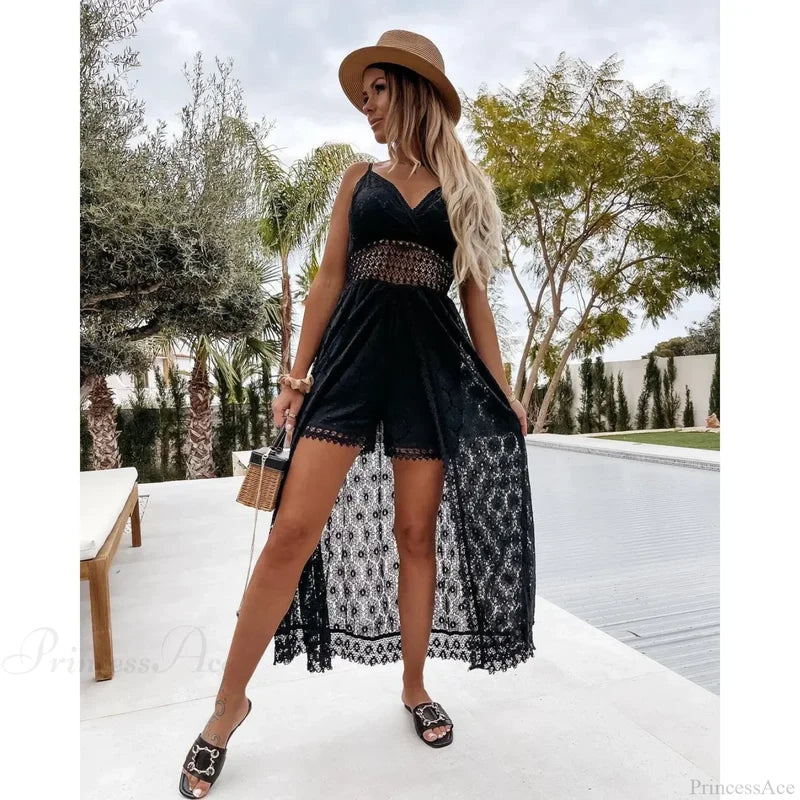 White Hollow Out Lace Strapless Sexy Split Midi Boho Dress Black / XS bohodress-250126