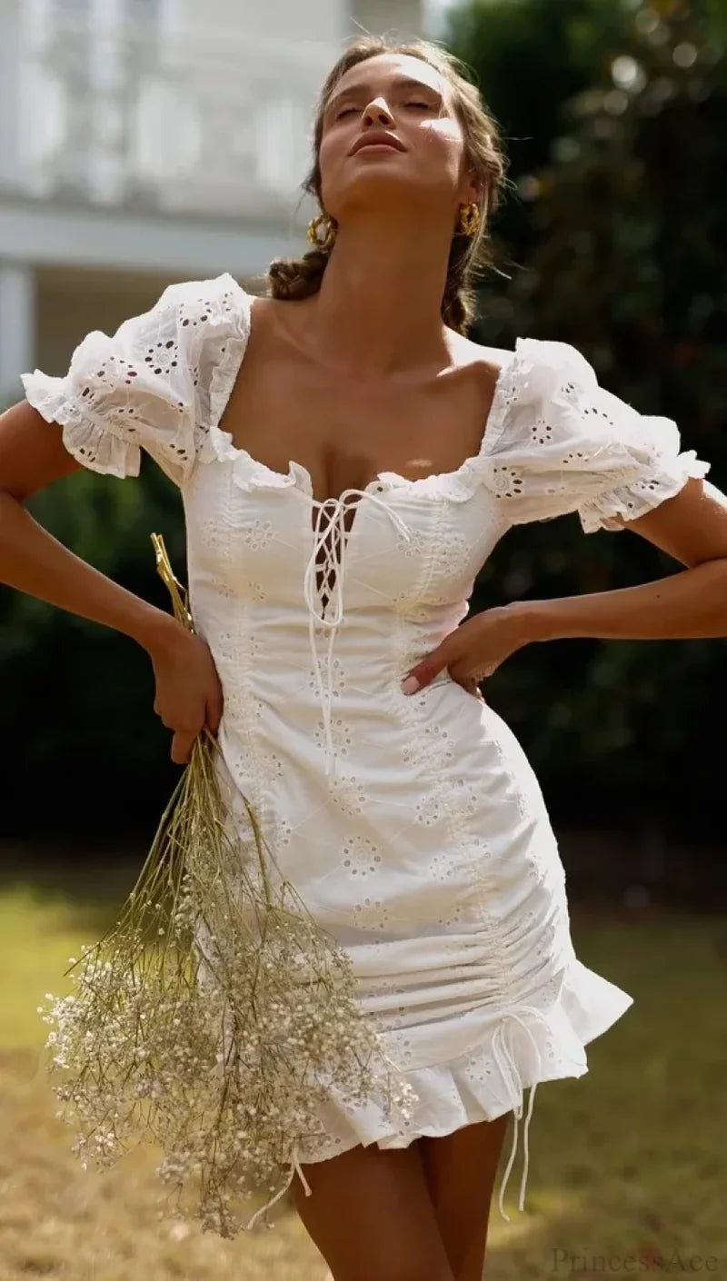 White Lace Cotton Short Sleeve Bodycon Mini Boho Dress White / S bohodress-250126