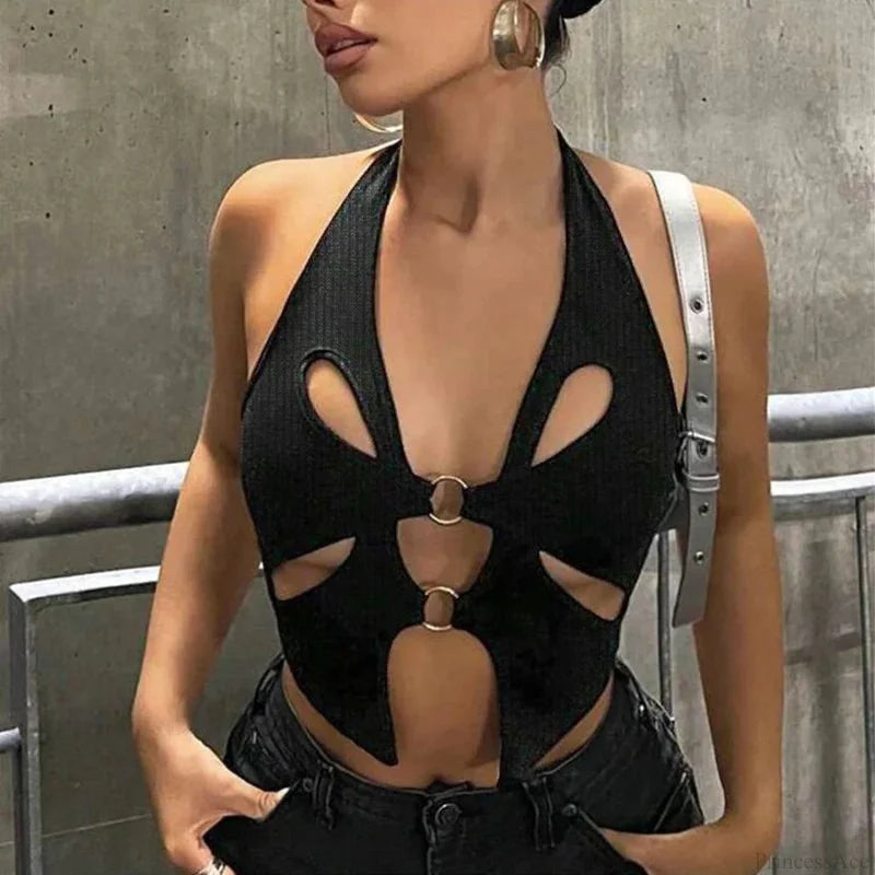 Y2K Circular Camisole Grunge Crop Top Black / S